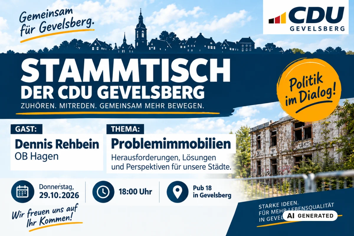 Das Bild zeigt Gevelsberg als stilisierten Hintergrund und die wichtigsten Daten zu diesem Termin